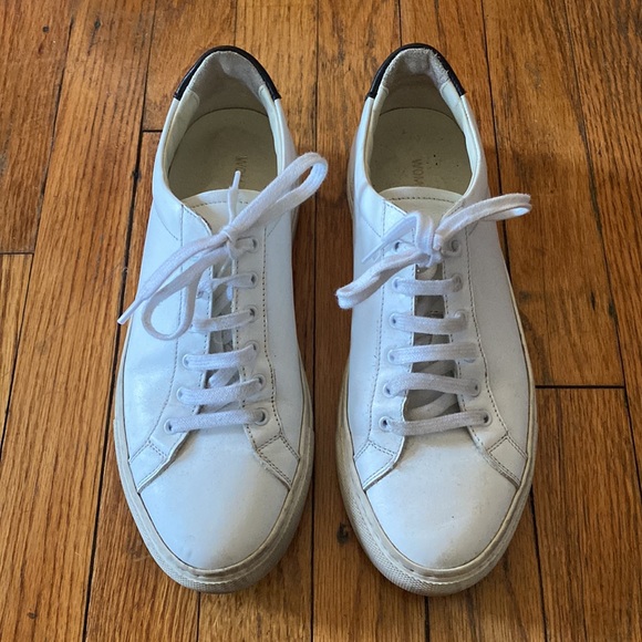 Woman by Common Projects White with Black Leather Sneakers - Picture 2 of 8